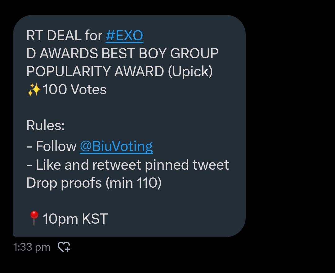 RT DEAL FOR #EXO
D AWARDS BEST BOYGROUP POPULARITY AWARD(Upick)

✨️100 votes✨️

Rules:
- Follow <a href="/BiuVoting/">biu voting DM TO BUY KPOP VOTES</a>
- Like and retweet pinned tweet
Drop proofs (min 110)

📌10pm KST