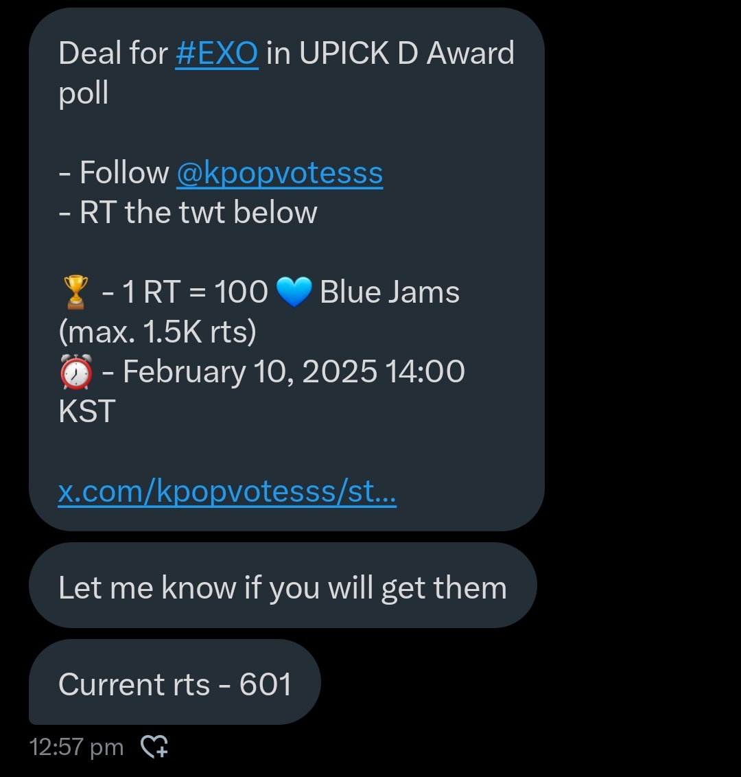 Deal for #EXO in UPICK D AWARD poll 

- Follow @kpopvotesss 
- RT the tweet below 

🏆- 1 RT = 100 💙 Blue Jams(max 1.5k rts)
⏰- February 10,2025 14:00 KST

x.com/kpopvotesss/st…