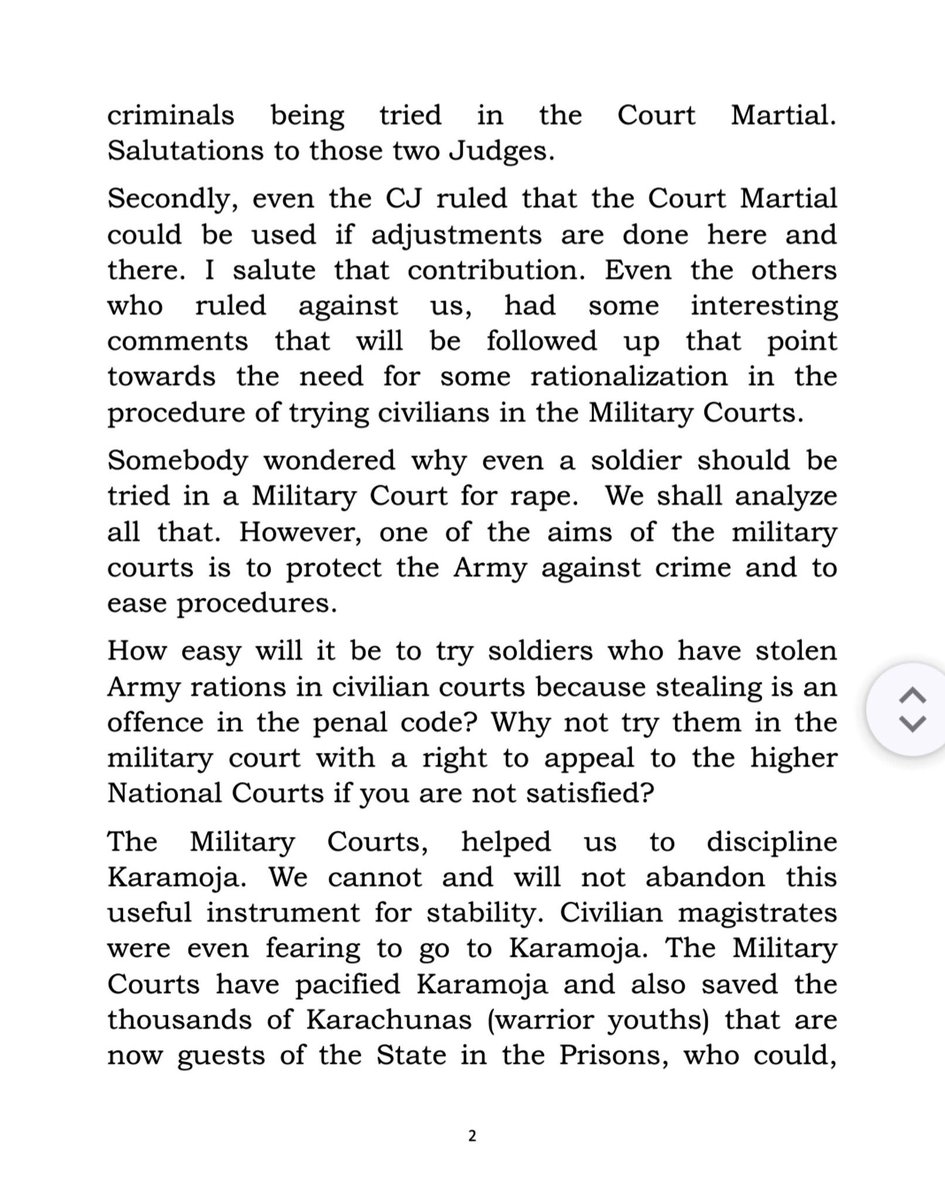 Fireliglntfi's tweet photo. JUST IN: H.E. @KagutaMuseveni issues a statement on the General Court Martial issue.

“…getting back to Kampala, I was sorry to hear of the wrong decision by the Supreme Court in the matter of the fire-arms armed civilians being tried by the Military Court Martial.”

#NBSUpdates https://t.co/gngPc7TyKA