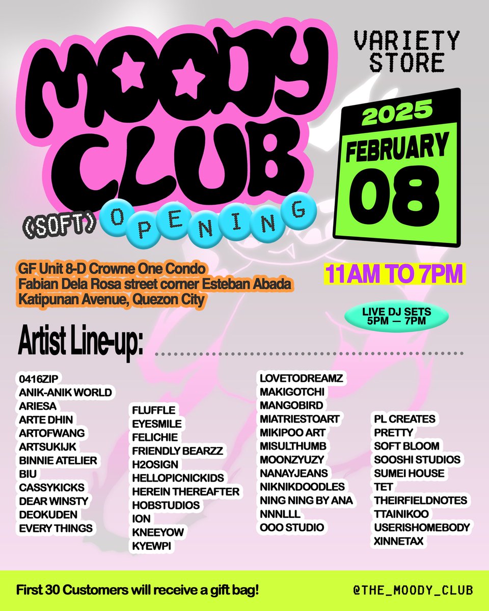 MOODY CLUB VARIETY STORE
ARTIST LINE-UP ★

We have tons of cool items from these wonderful and talented artists! Available starting Feb 8, 2025 at our soft opening :)

More info: the-moody-club.carrd.co