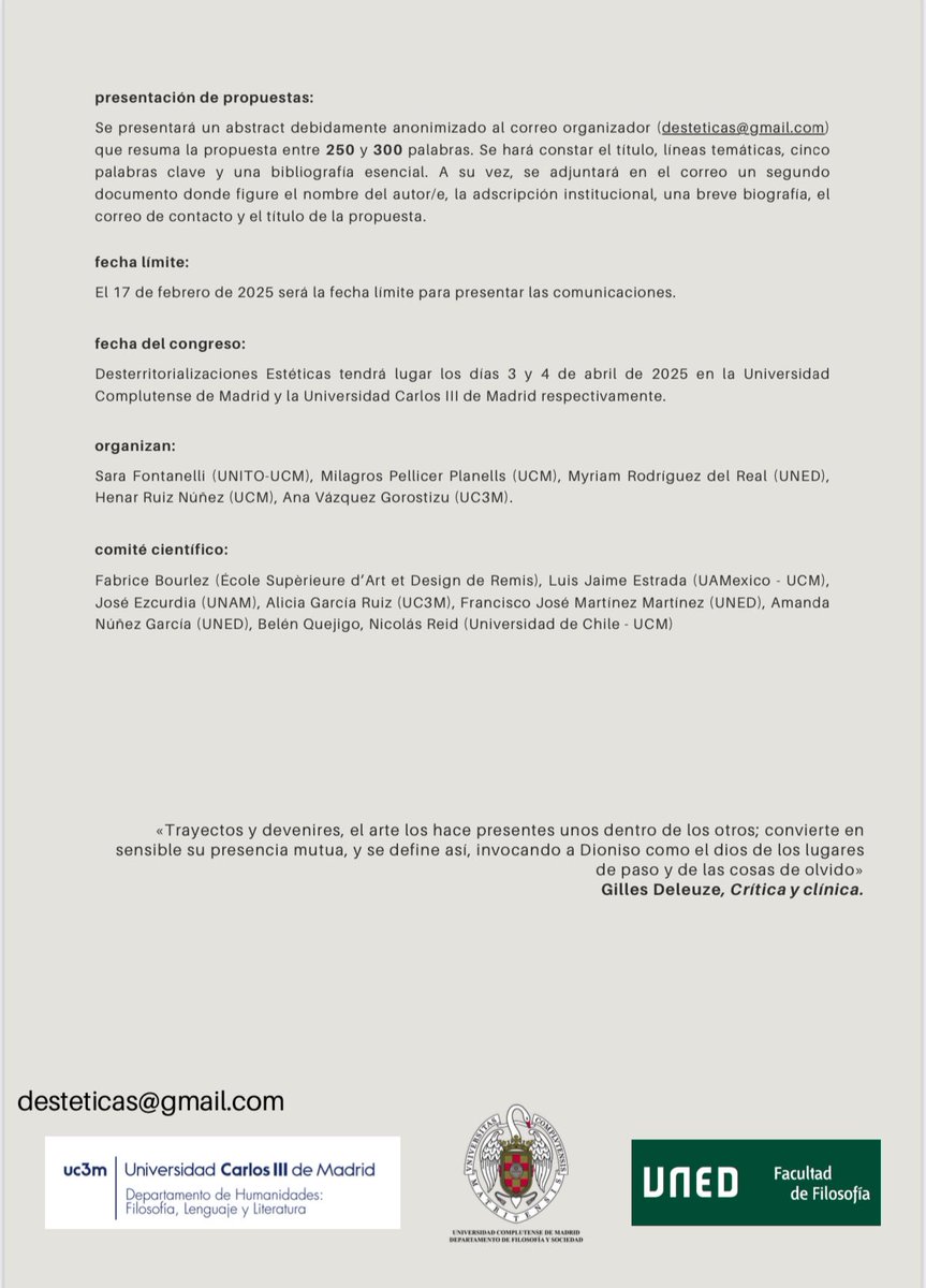 hemos lanzado el call for papers para el congreso internacional de estética deleuziana!!!!! mandadnos a desteticas@gmail.com !!!!