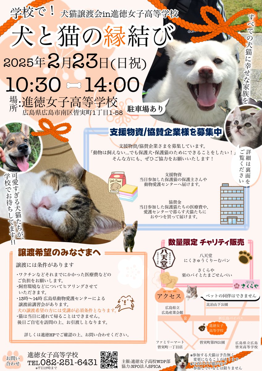 NPOSPICA's tweet photo. 犬猫譲渡会 in 進徳女子高等学校

日時：2025年2月23日（日祝）
10：30～14：00

広島県動物愛護センターからたくさんの子犬たち、ボランティアさんの元で暮らす保護猫たちもたくさん参加します。

犬や猫と暮らしたいと思ったら、ぜひ譲渡会へお越しください！

#進徳女子高校 #犬猫譲渡会 #広島 https://t.co/EDm30SKWcx