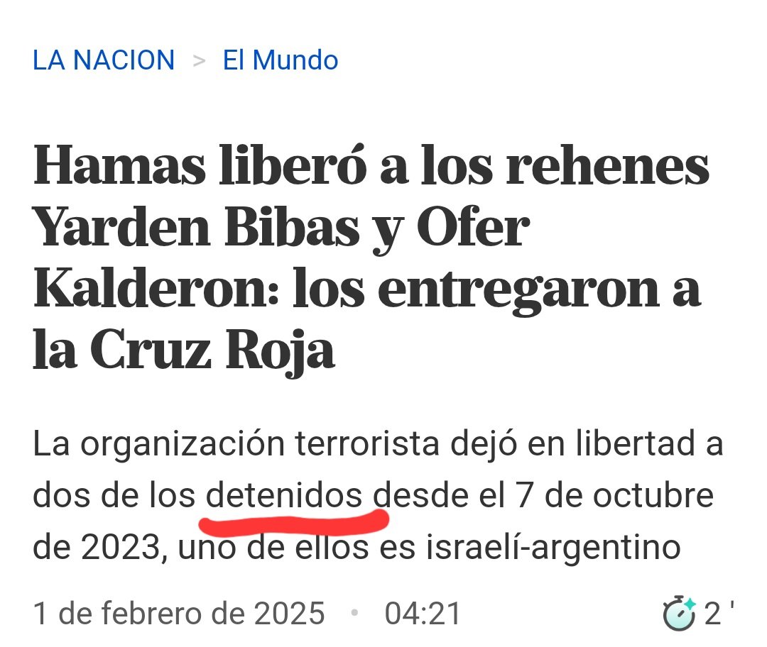 Una vez más el periodismo de desinformación haciéndole el juego al terrorismo palestino. 

No <a href="/LANACION/">LA NACION</a> , los que estuvieron 484 días en cautiverio no son "DETENIDOS", son "SECUESTRADOS"