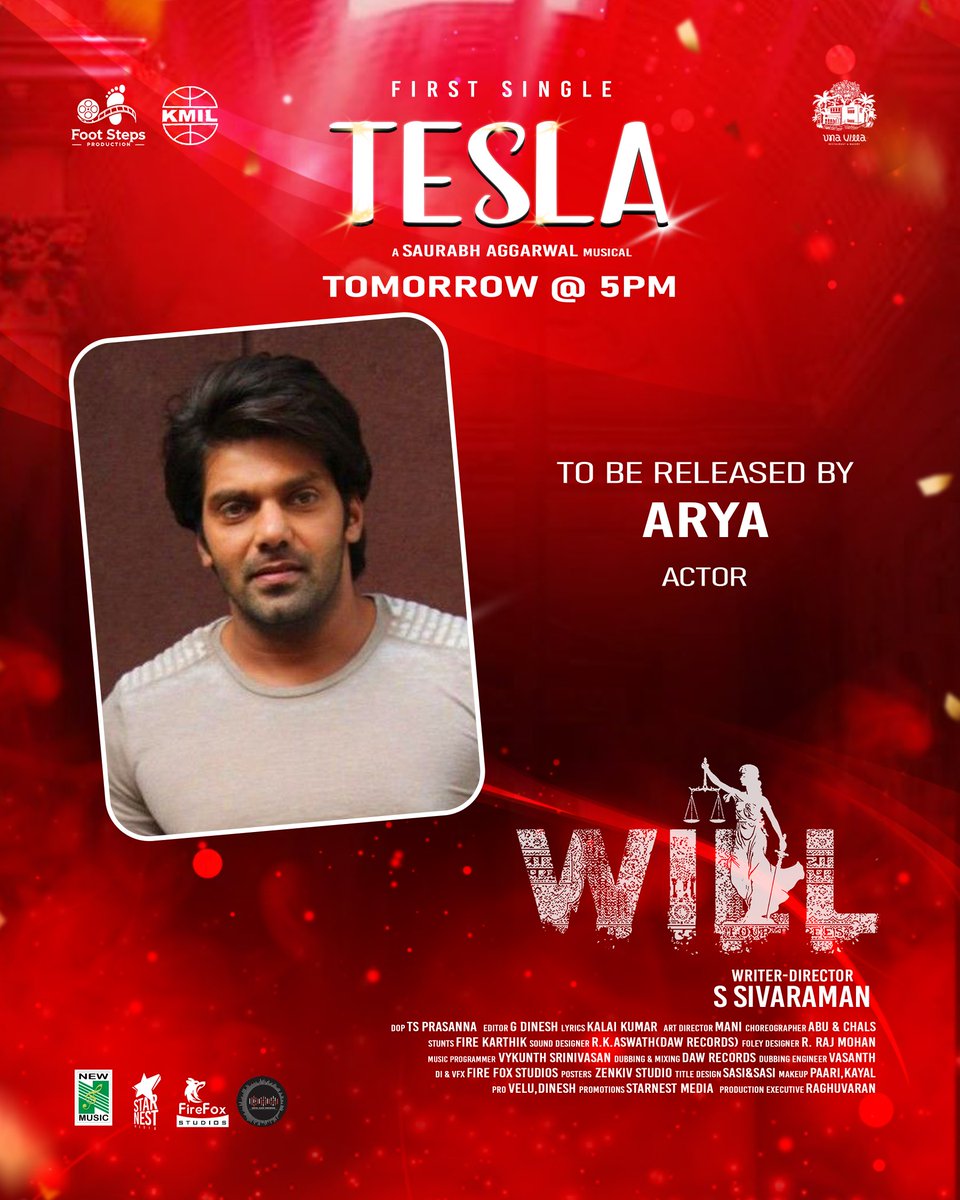 #Tesla - The First Single From #Will Drops Tomorrow At 5pm! To be released by our beloved <a href="/arya_offl/">Arya</a> sir ❤️ 🙏 

Special appearance <a href="/vikranth_offl/">Vikranth Santhosh</a>
Staring <a href="/soniya_agg/">Sonia aggarwal</a> 

A <a href="/Saurabh_music22/">Saurabh Aggarwal</a> Musical

Directed by #Sivaraman

<a href="/footsteps__off/">Foot steps production</a> #Teslasong
#Willmovie #starnestmedia
