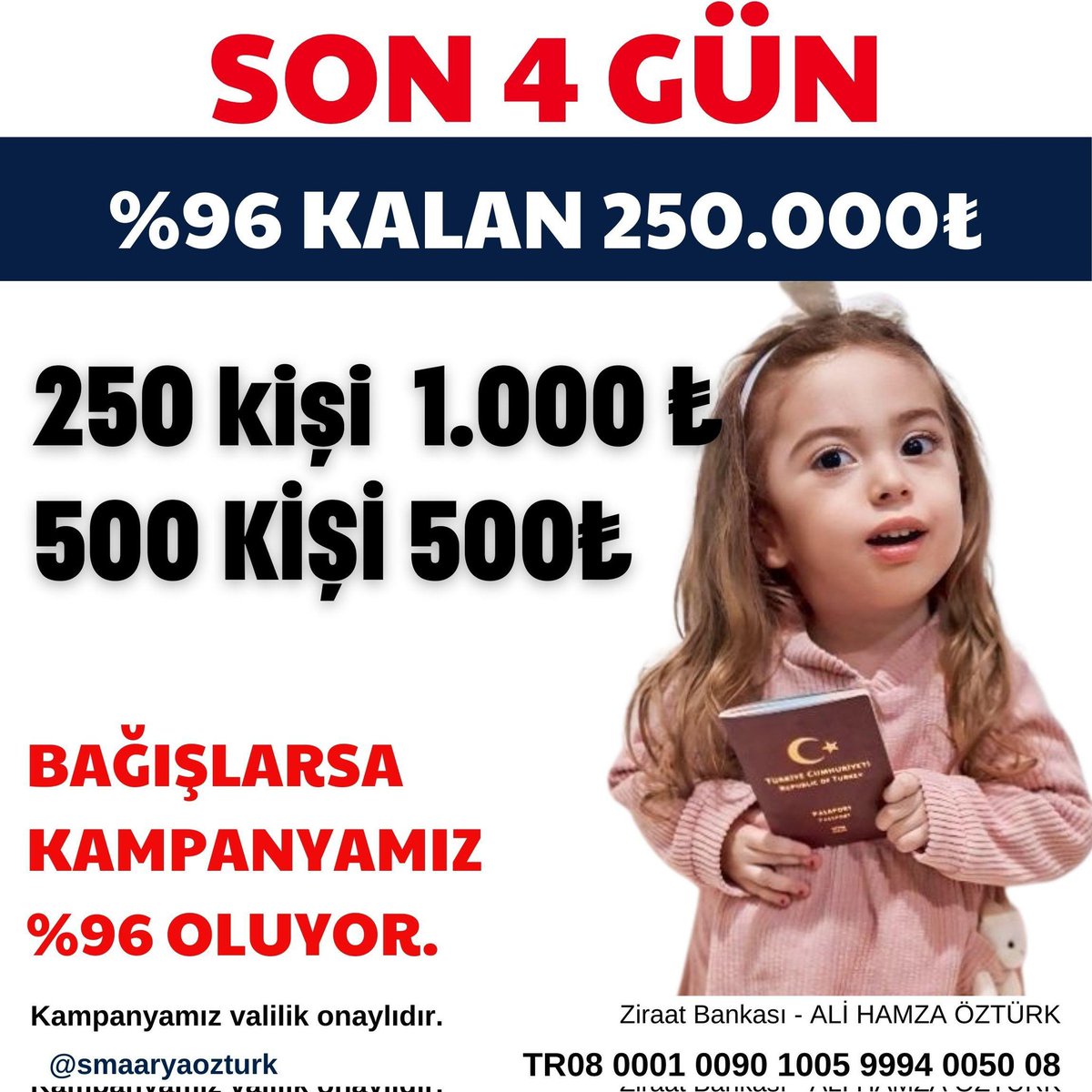 Güzel kızımız Arya’nın tedavisi için büyük bir yolu geride bıraktık. %96’ya , şimdi önümüzde sadece 250.000₺’lik küçük bir engel kaldı! 

Bu son adımı hep birlikte atabiliriz! 🌟 Unutmayın, her bağış bir nefes, her paylaşım bir umut! Arya'nın gülüşleri solmasın...