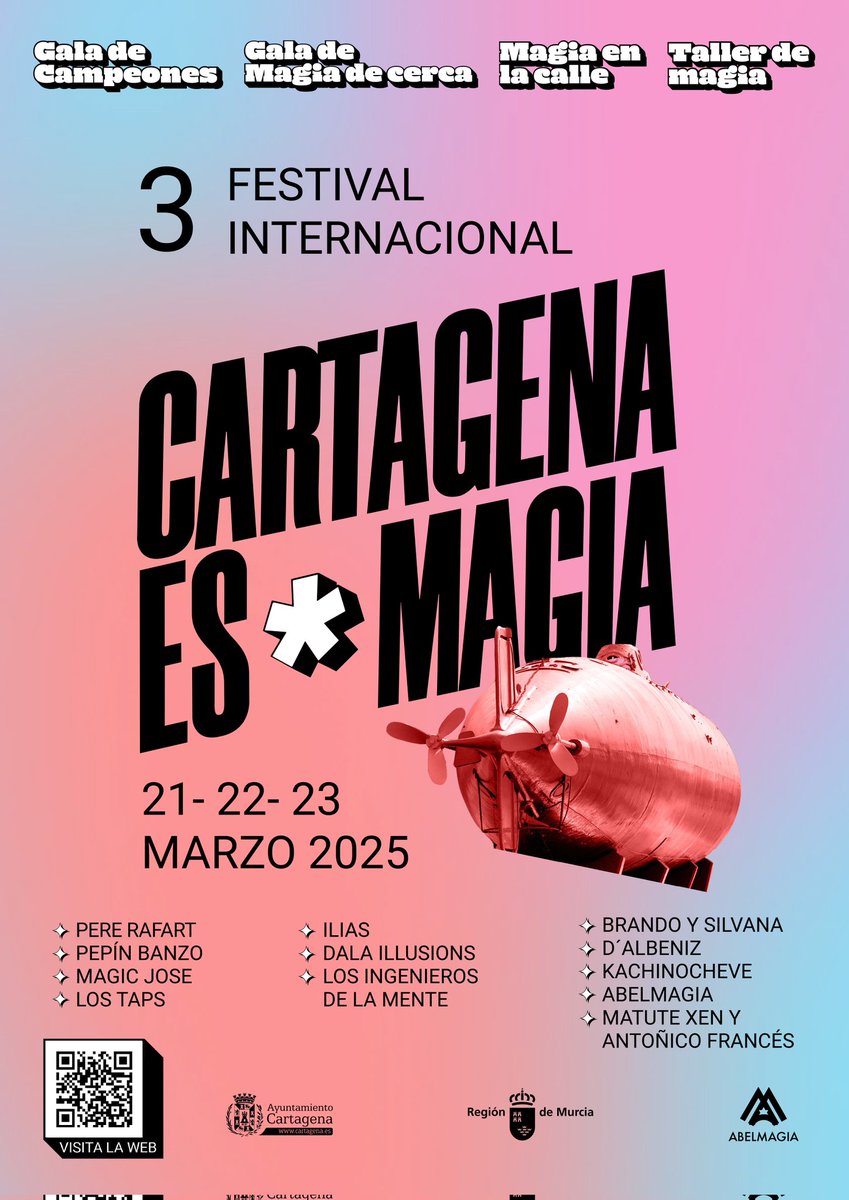 Festival Cartagena es Magia (@cartagenamagia) on Twitter photo Ya está aquí el 3° FESTIVAL CARTAGENA ES MAGIA
Gala de campeones, gala de magia de cerca, magia en la calle, taller de magia.
Toda la info en festivalcartagenaesmagia.com
Patrocinado por <a href="/AytoCartagenaES/">Ayuntamiento de Cartagena</a> y <a href="/turismormurcia/">Turismo Región de Murcia</a> Ya está aquí el 3° FESTIVAL CARTAGENA ES MAGIA
Gala de campeones, gala de magia de cerca, magia en la calle, taller de magia.
Toda la info en festivalcartagenaesmagia.com
Patrocinado por <a href="/AytoCartagenaES/">Ayuntamiento de Cartagena</a> y <a href="/turismormurcia/">Turismo Región de Murcia</a>