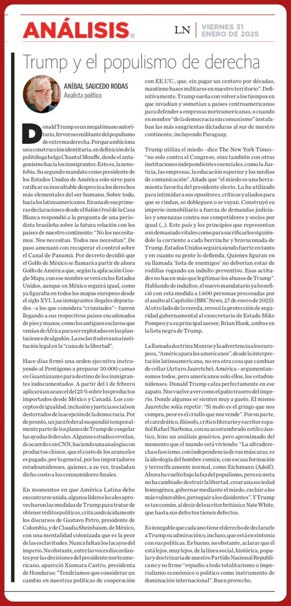 Oscar H. Acosta C. (@oscar_marandu) on Twitter photo Este es el artículo de <a href="/Anibalsaucer/">Aníbal Saucedo Rodas</a> que levantaron de <a href="/LaNacionPy/">Diario La Nación</a> , acaso no hayan podido leer.
Vía: <a href="/sebaalvareza/">Sebastián Álvarez Albanell</a> Este es el artículo de <a href="/Anibalsaucer/">Aníbal Saucedo Rodas</a> que levantaron de <a href="/LaNacionPy/">Diario La Nación</a> , acaso no hayan podido leer.
Vía: <a href="/sebaalvareza/">Sebastián Álvarez Albanell</a>