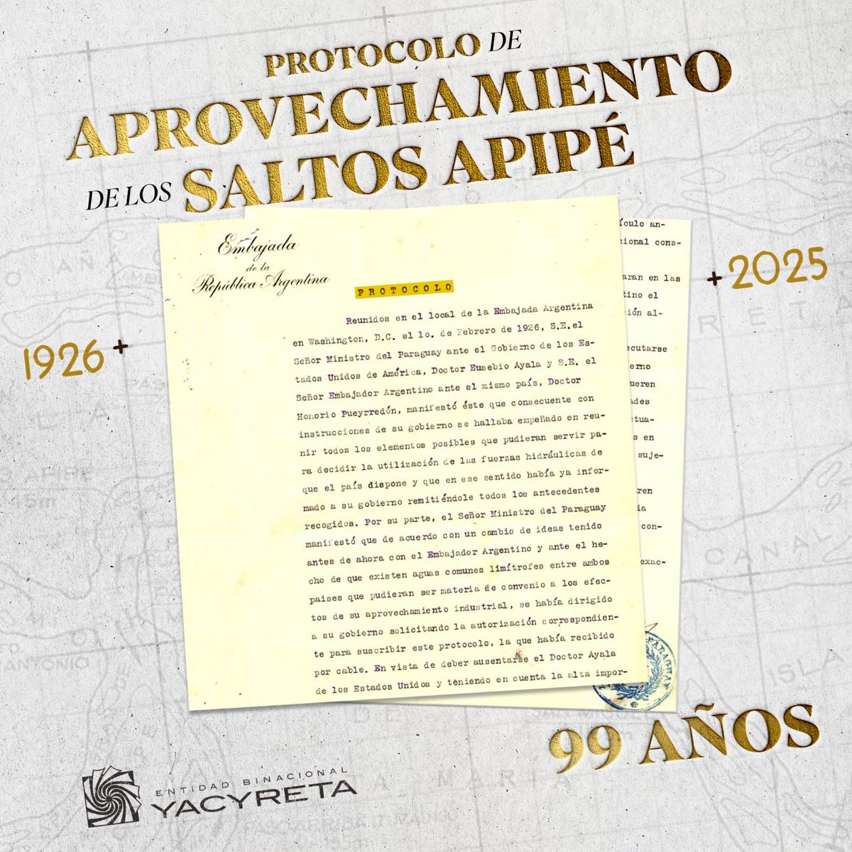 ebypy's tweet image. 1 de febrero de 1926. El sueño de Yacyretá comienza a forjarse en la Historia. Por primera vez, los gobiernos de Paraguay y Argentina tratan oficialmente la necesidad de aprovechar “las fuerzas hidráulicas” de la caída de los Saltos del Apipé, en la frontera compartida del río…