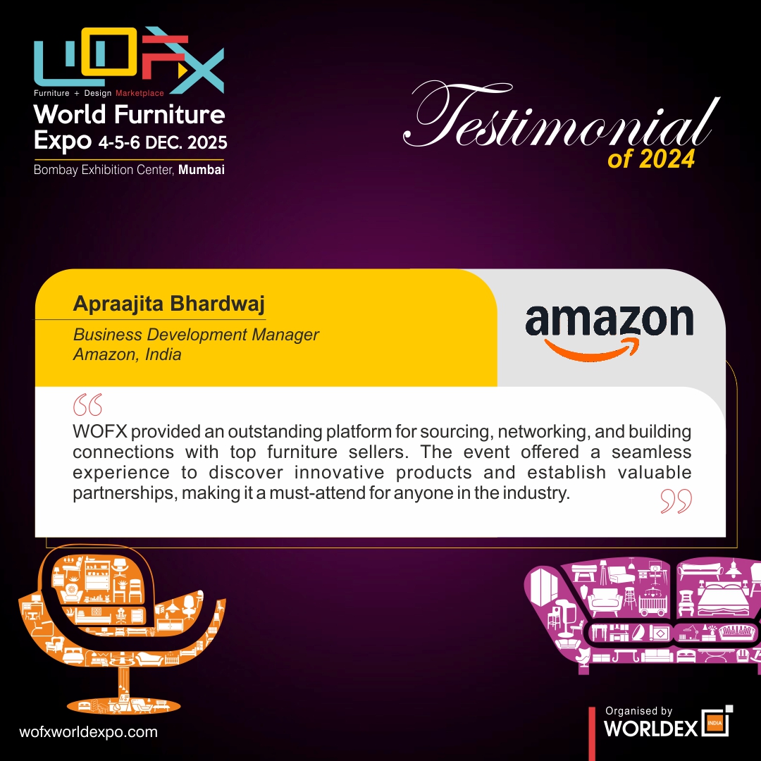 WORLDFURNITURE4's tweet photo. Visitor Testimonial of Ms. Apraajita Bhardwaj from Amazon, about her experience at WOFX - World Furniture Expo 2024!

Save the dates for WOFX 2025!

🗓️ 4-5-6 December 2025
⏰10:00 am to 6:00 pm
📍 Bombay Exhibition Centre, WEH, Goregaon (E)

#WOFX https://t.co/5YMvmZs0oc