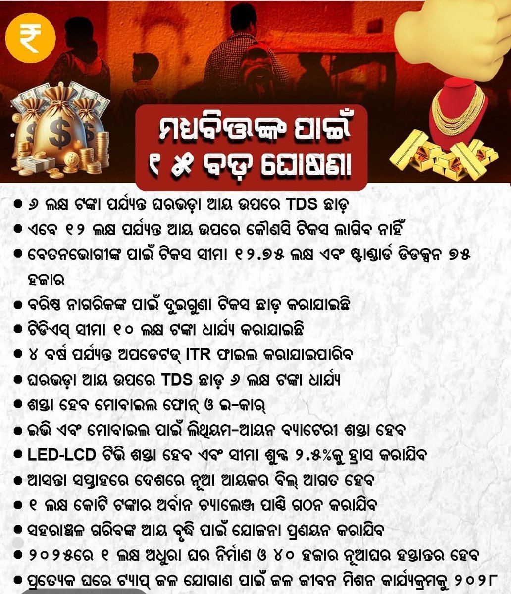 Miss_odisha's tweet photo. #Budget2025 ରେ ମଧ୍ୟବିତ୍ତଙ୍କ ପାଇଁ ୧୫ ବଡ଼ ଘୋଷଣା। 
#middleclass #NirmalaSitharaman #incometax #UnionBudget2025 #FinMinIndia #NarendraModi #ArgusNews https://t.co/ARQ5rscs6X