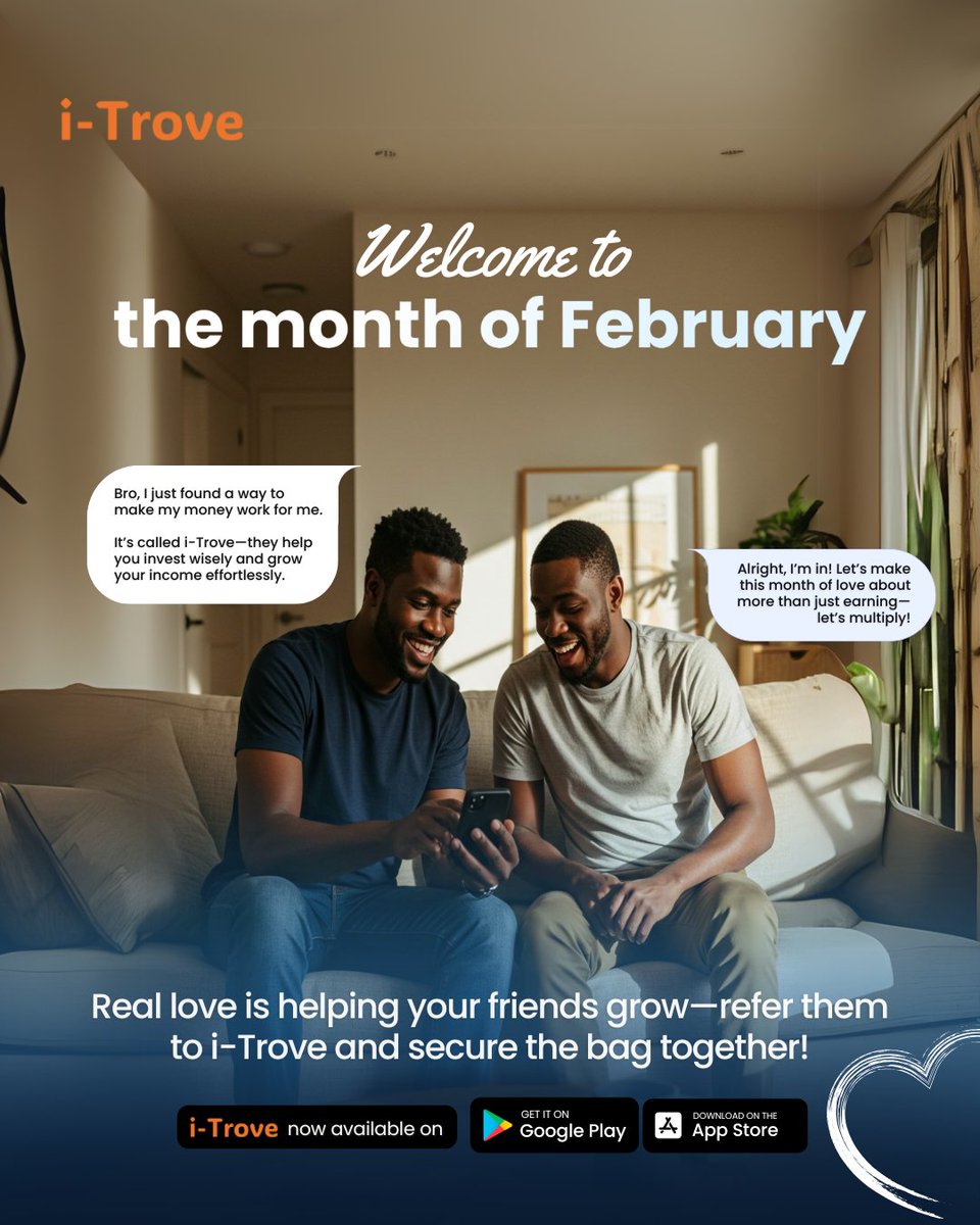 iTrove_app's tweet photo. Welcome to February!

This month, let love and financial growth go hand in hand. 

Invest in your future, refer your friends to i-Trove, and let’s secure the bag together! 

#Trovest #itrove #itroveapp NewMonthNewMoney #happynewmonth #happyfebruary❤️ https://t.co/pvcYztmQuX