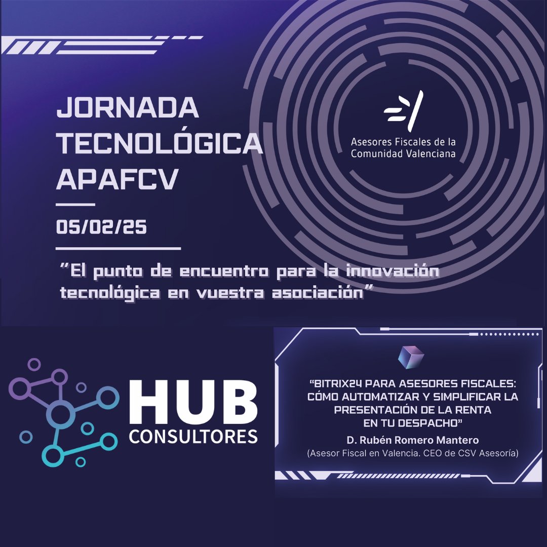 ❗BITRIX24 para Asesores Fiscales: cómo automatizar y simplificar la presentación de la renta en tu despacho.
🕘 10:05 – 10:25 h
📢 5 de febrero de 2025 Jornada organizada por la <a href="/APAFCV/">Asociación Profesional Asesores Fiscales Com.Val.</a>  
🚩 Hotel Westin Valencia, C/ Amadeo de Saboya nº16
🔗 apafcv.com/events/jornada…
