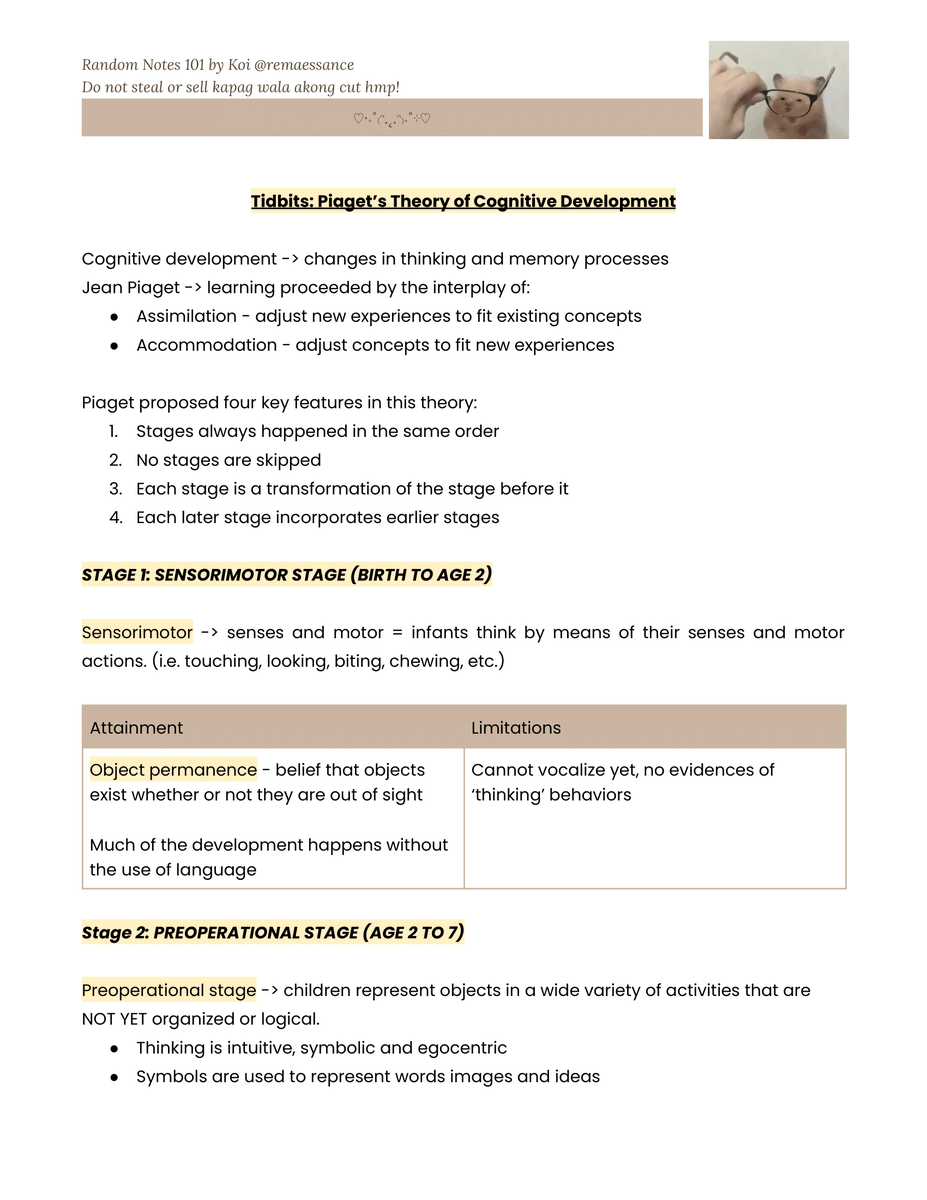 remaessance's tweet image. quick recap on Piaget's Theory of Cognitive Development! 🤓🧠✨

cross referenced the ff resources: lumen learning, ms. chiqui's discussions, papalia, and my head? HAHAHA