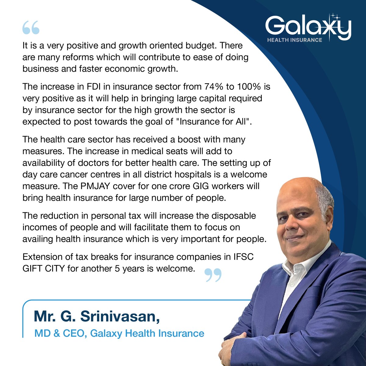 GalaxyHealthIn's tweet image. Mr. G. Srinivasan, MD &amp;amp; CEO of Galaxy Health Insurance, shares his insights on how Budget 2025 accelerates progress towards ‘Insurance for All.’

#Budget2025 #HealthInsuranceForAll #HealthcareGrowth #InsuranceSector #GalaxyHealthInsurance