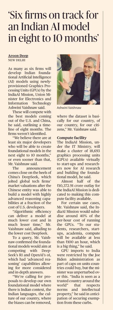 _upsc_focus's tweet image. Six firms on track for an Indian AI model in eight to 10 months 
Details 
#AI #PT #GraphicsProcessingUnits #IndiaAImission #IndiaContext #IndianLanguage #Culture #AlgorithimEfficiency #Reserch #DeepSeek #UPSC
Source: The Hindu
