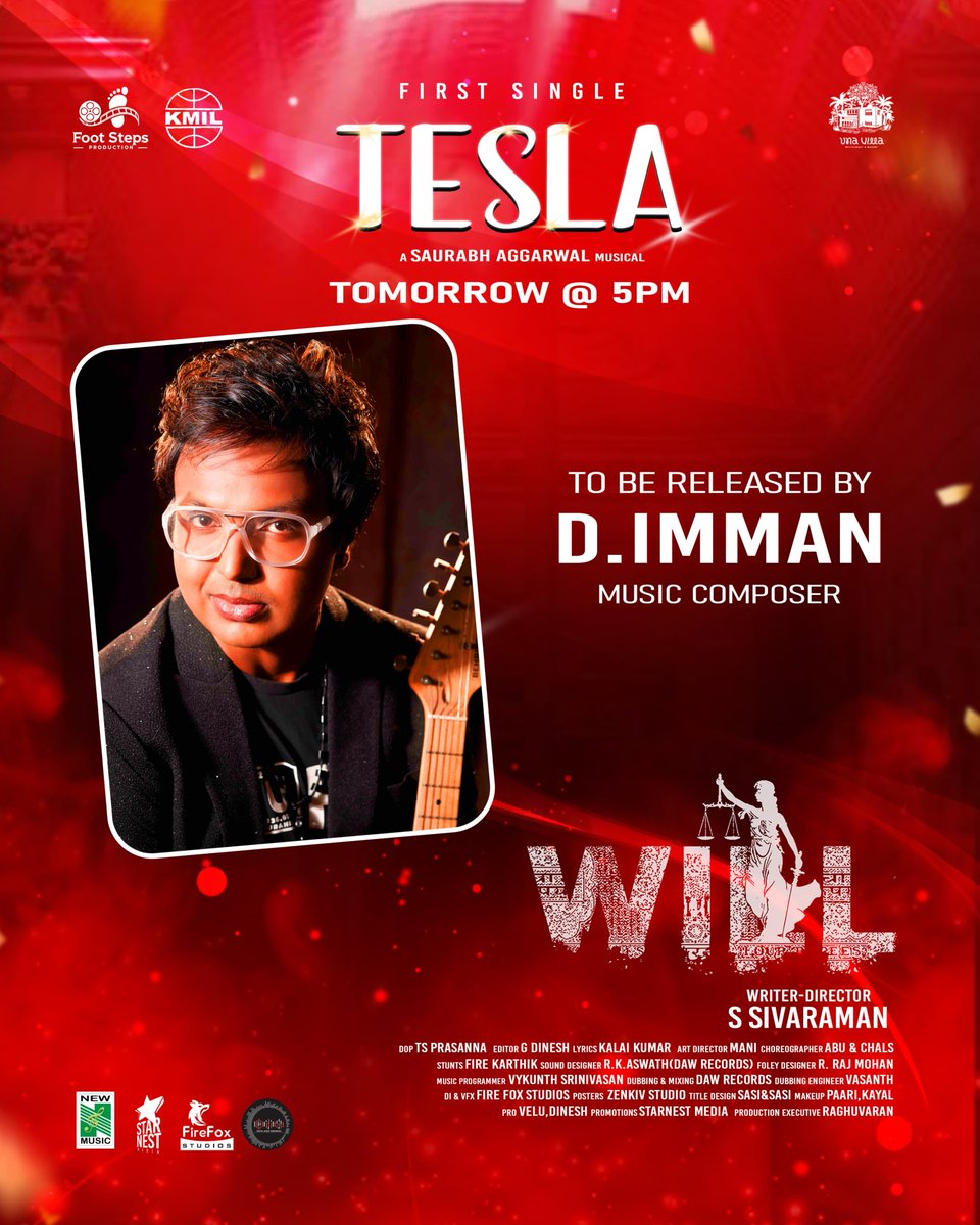 Saurabh Aggarwal (@saurabh_music22) on Twitter photo #Tesla - The First Single From #Will Drops Tomorrow At 5pm! To be released by our beloved <a href="/immancomposer/">D.IMMAN</a> sir β€οΈ π
Special appearance <a href="/vikranth_offl/">Vikranth Santhosh</a>
Staring <a href="/soniya_agg/">Sonia aggarwal</a>
A <a href="/Saurabh_music22/">Saurabh Aggarwal</a> Musical
Directed by #Sivaraman
<a href="/footsteps__off/">Foot steps production</a> #Teslasong
#Willmovie #starnestmedia #Tesla - The First Single From #Will Drops Tomorrow At 5pm! To be released by our beloved <a href="/immancomposer/">D.IMMAN</a> sir β€οΈ π
Special appearance <a href="/vikranth_offl/">Vikranth Santhosh</a>
Staring <a href="/soniya_agg/">Sonia aggarwal</a>
A <a href="/Saurabh_music22/">Saurabh Aggarwal</a> Musical
Directed by #Sivaraman
<a href="/footsteps__off/">Foot steps production</a> #Teslasong
#Willmovie #starnestmedia