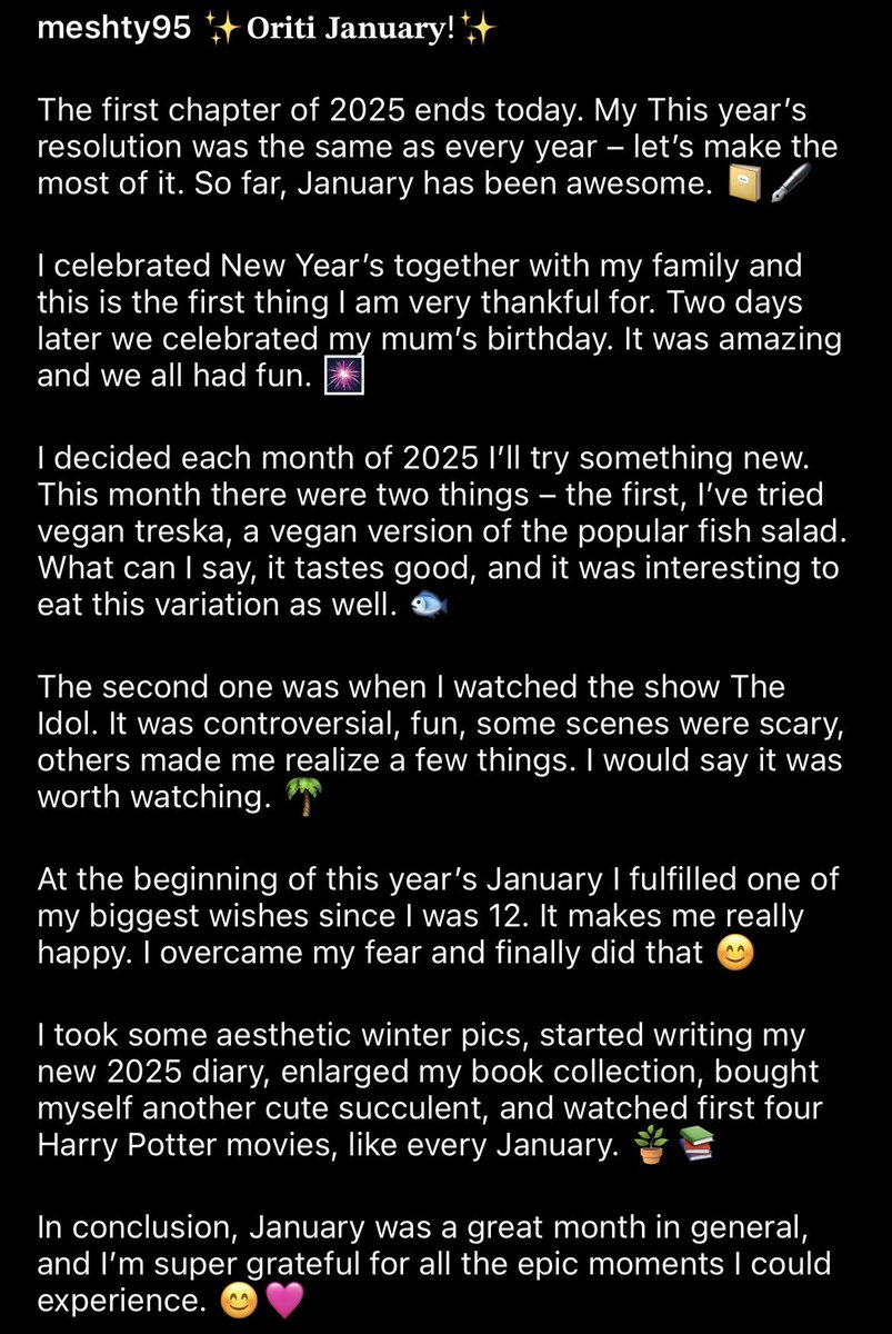 meshty95's tweet photo. #diary #blog #blogger #lifeofmeshty #writing #writer #writersoftwitter #bloggersoftwitter #bloggersofx #me #girlswhowrite #january #january2025 #goodbyejanuary #memories #thoughts #myjanuary #girlswhoblog #writersofx #digitaldiary #smile 
-
✨𝐎𝐫𝐢𝐭𝐢 𝐉𝐚𝐧𝐮𝐚𝐫𝐲!✨
- https://t.co/JEIZ9PRk3v