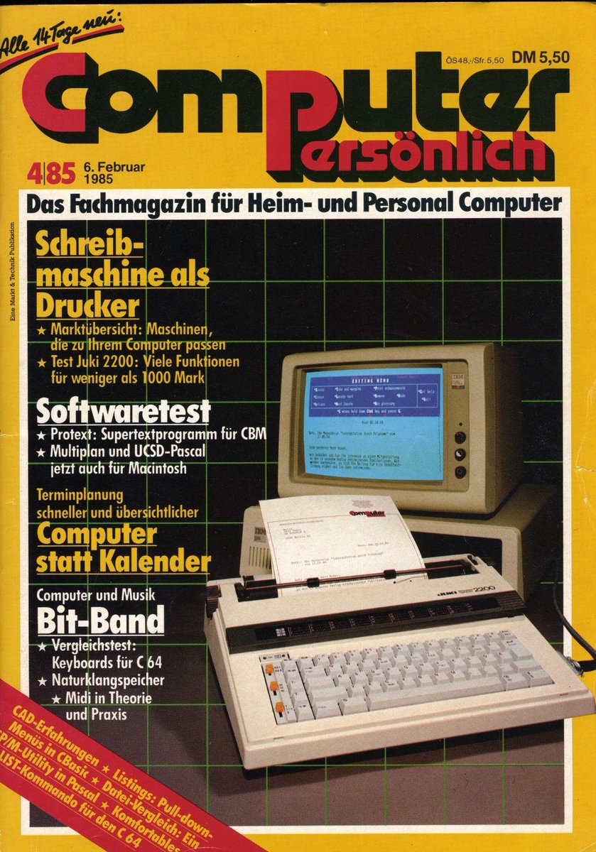 Retrojournal_de's tweet photo. 🎉 Am 6. Februar 1985 erschien diese Ausgabe von "Computer Persönlich"! 💾🖥️ Schreibmaschinen als Drucker, Bit-Band für den C64 und CAD in BASIC – ein echter Retro-Leckerbissen! Wer erinnert sich noch? #RetroTech #1985 #ComputerNostalgie https://t.co/6jOp8hNtKR