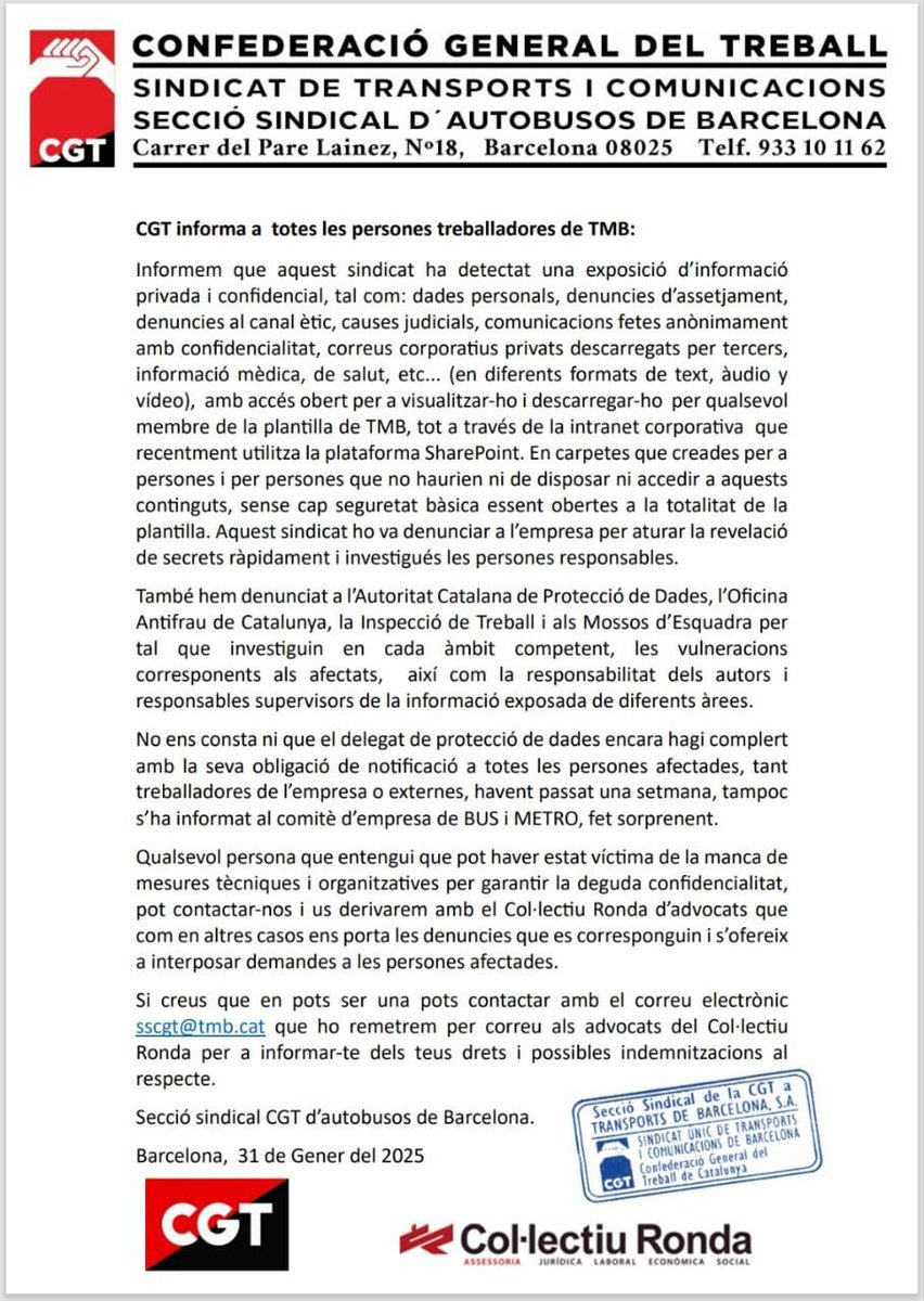 cgtbus's tweet photo. 🚨Denunciem una important fugida de dades confidencials😲 de las persones treballadores de 🚨 @TMB_Barcelona de @laiabonetrull @bcn_ajuntament @TMBinfo @CGTmetroBCN @SoliMetrobcn @comunicacio_SIT @UGTBusTMB https://t.co/6zP1EG2PZo