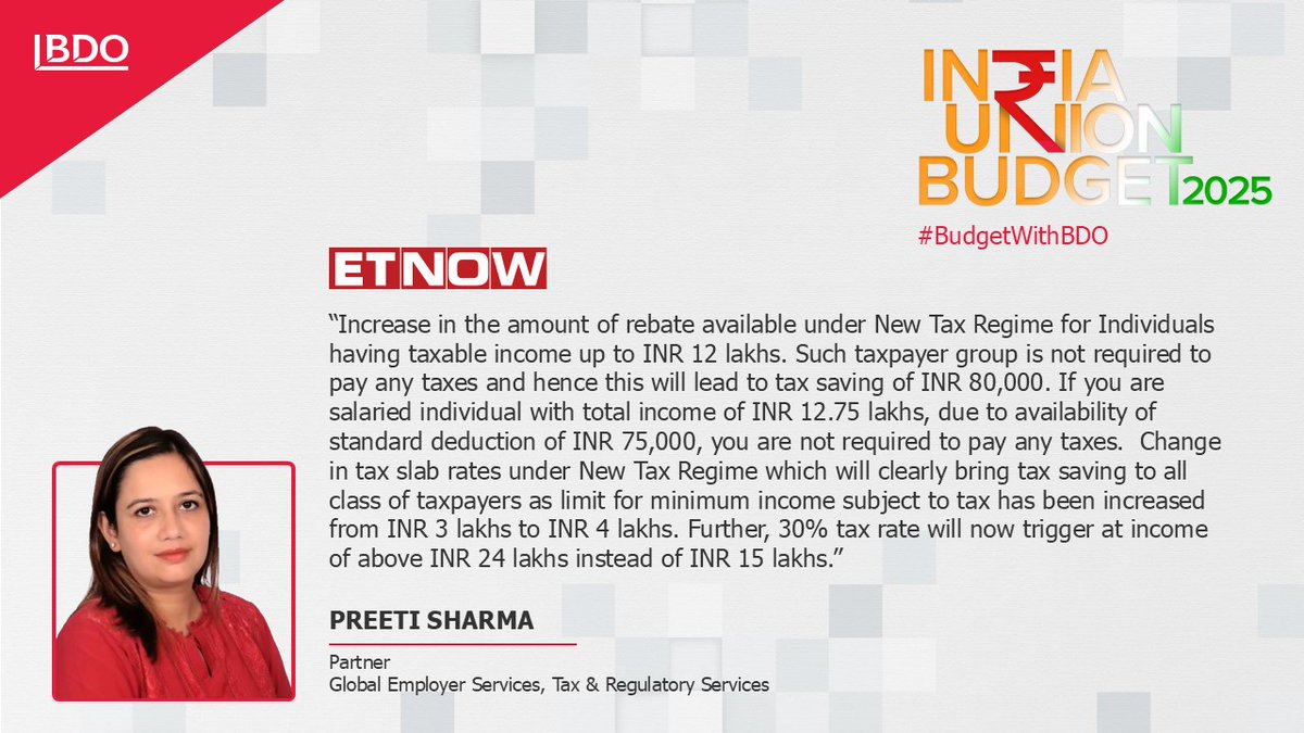 #PreetiSharma <a href="/ETNOWlive/">ET NOW</a> 

Read more here: bit.ly/3CvdT5I

#BDOIndia #BudgetwithBDO #Budget2025 #IndiaUnionBudget2025 #IndiaBudgetAnalysis #TaxReforms2025 #FiscalPolicy2025 #FinanceMinister