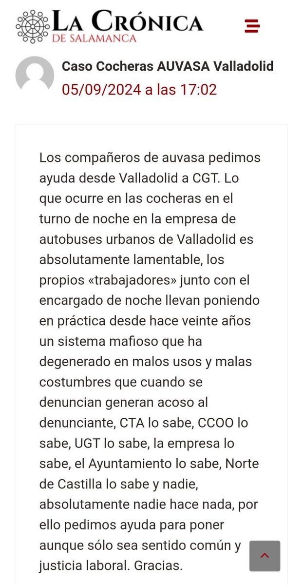 cronicaleando1's tweet photo. 🚍 La noticia de hoy no es nueva. El acoso en @AuvasaVLL lleva tiempo y ya pasó la frontera de nuestra ciudad. Mientras la empresa ignora su propio protocolo, en las cocheras sigue un sistema mafioso de abusos y represalias. Todos lo saben, nadie actúa. ¿Hasta cuándo? https://t.co/4WZfYQj67E