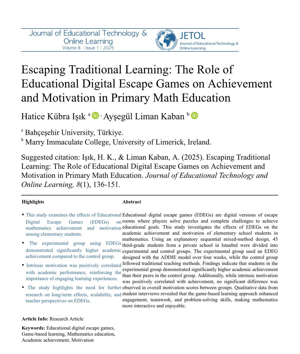 Excited to share our latest study in JETOL 
📖 Escaping Traditional Learning: The Role of Digital Escape Games in Math Education
👩‍🎓 Authors: Hatice Kübra Işık &amp; Ayşegül Liman Kaban
✅ Games create engaging learning experiences
lnkd.in/dPVV87nP
#STEMeducation