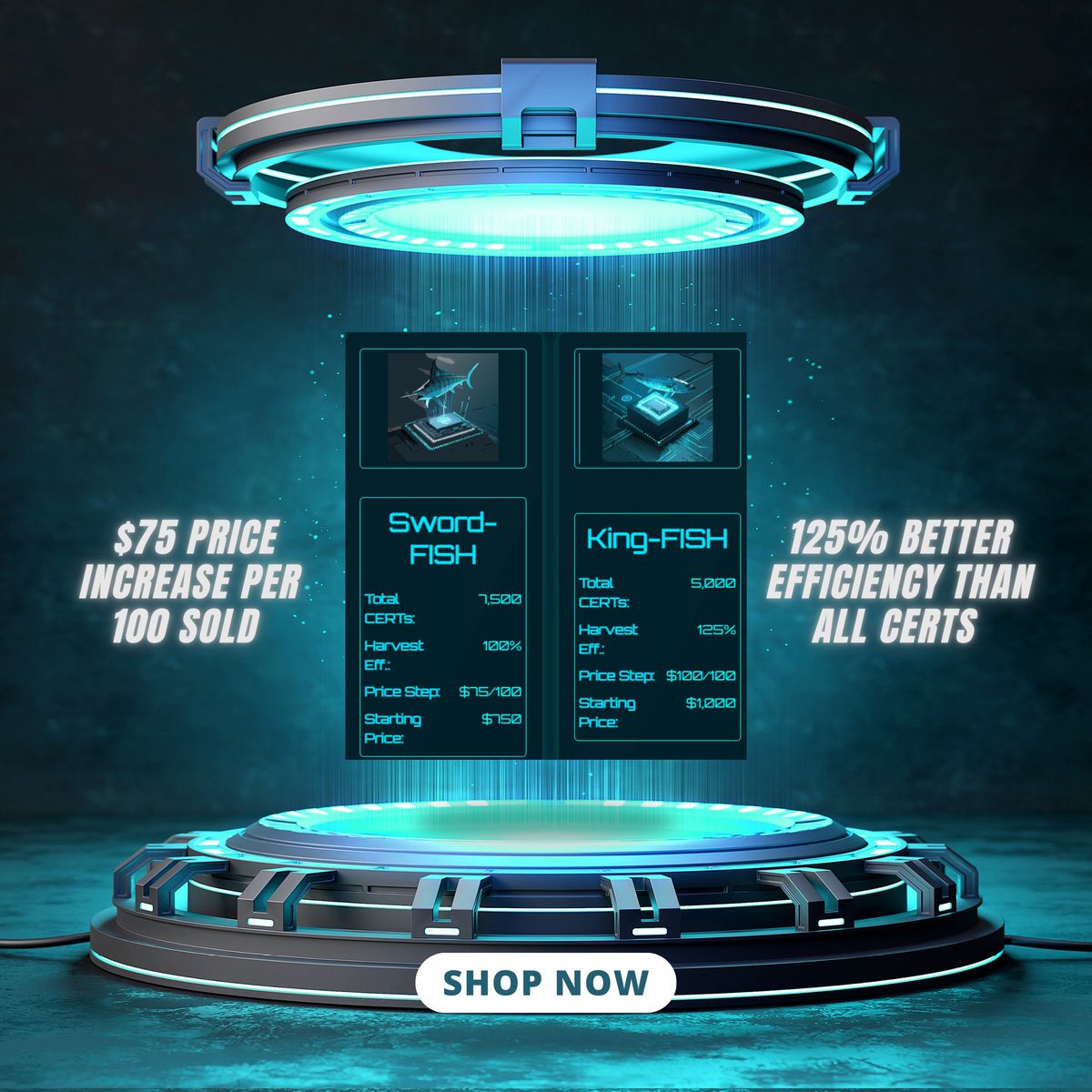 🌊 Chrysalis presents: Sword-Fish &amp; King-Fish 🌟

🔹 Sword-Fish

Total CERTs: 7,500

Harvest Efficiency: 100%

Starting at $750 with a $75 price step per 100 sold

🔹 King-Fish

Total CERTs: 5,000

Harvest Efficiency: 125% (125% better than all CERTs!)

Starting at $1,000 with a