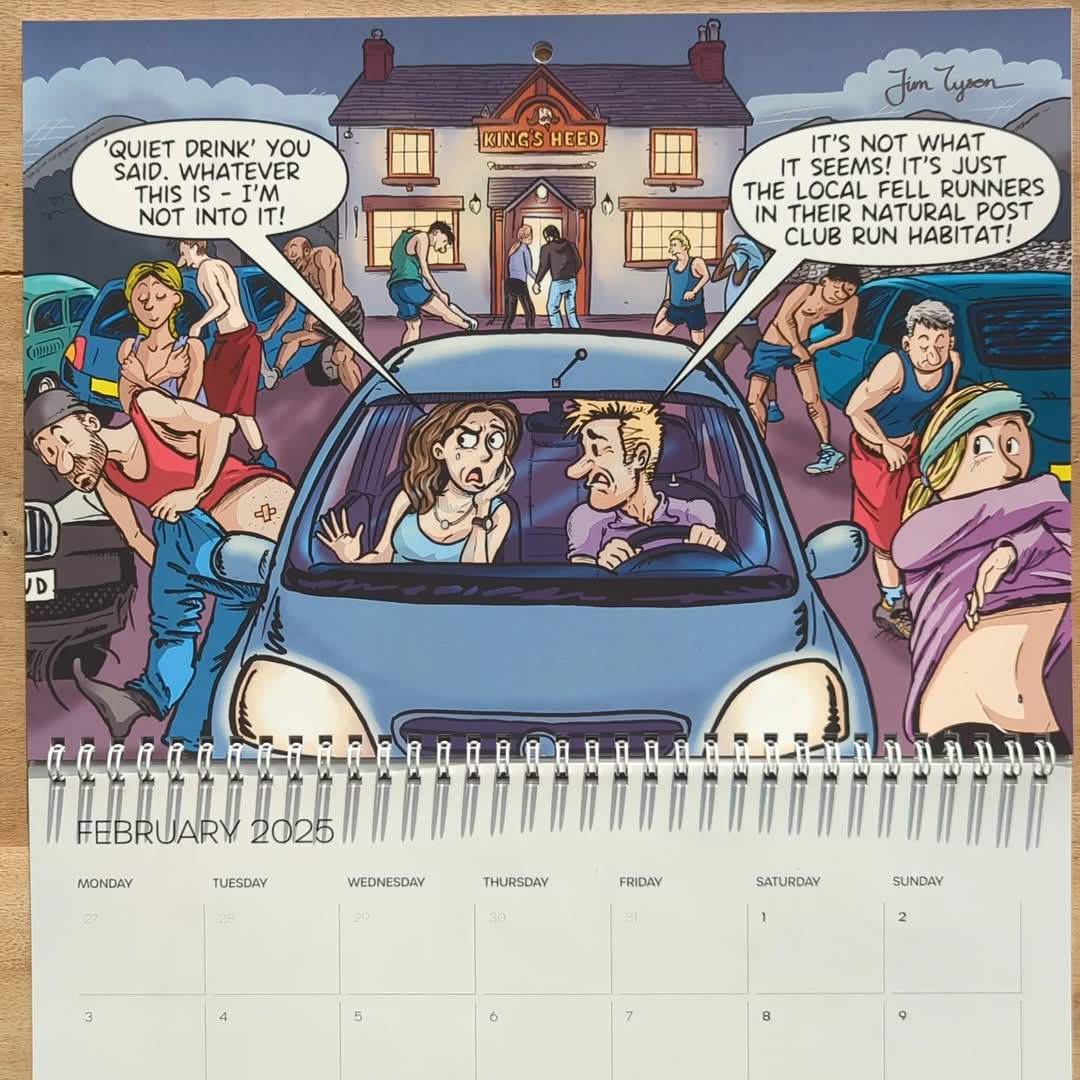 February, finally! With Valentine's Day on the horizon, don't make the same mistake as our couple in the Fellrunning Cartoon Calendar this month. To avoid embarrassing car park encounters, ring ahead to make sure your date doesn't clash with the local post-club run pint!