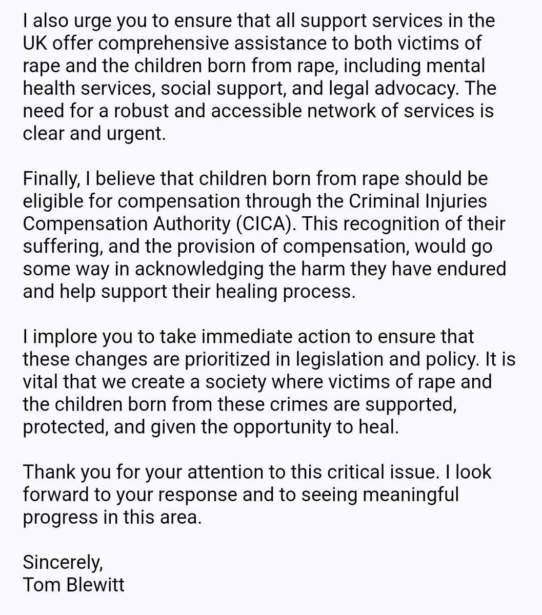 Tomisatwitt's tweet photo. I have sent email today to my local MP @antoniabance. I am calling for individuals convicted of rape to be stripped of parental responsibility, and for urgent action to support rape victims and children born from rape. https://t.co/SXCmhOazPk