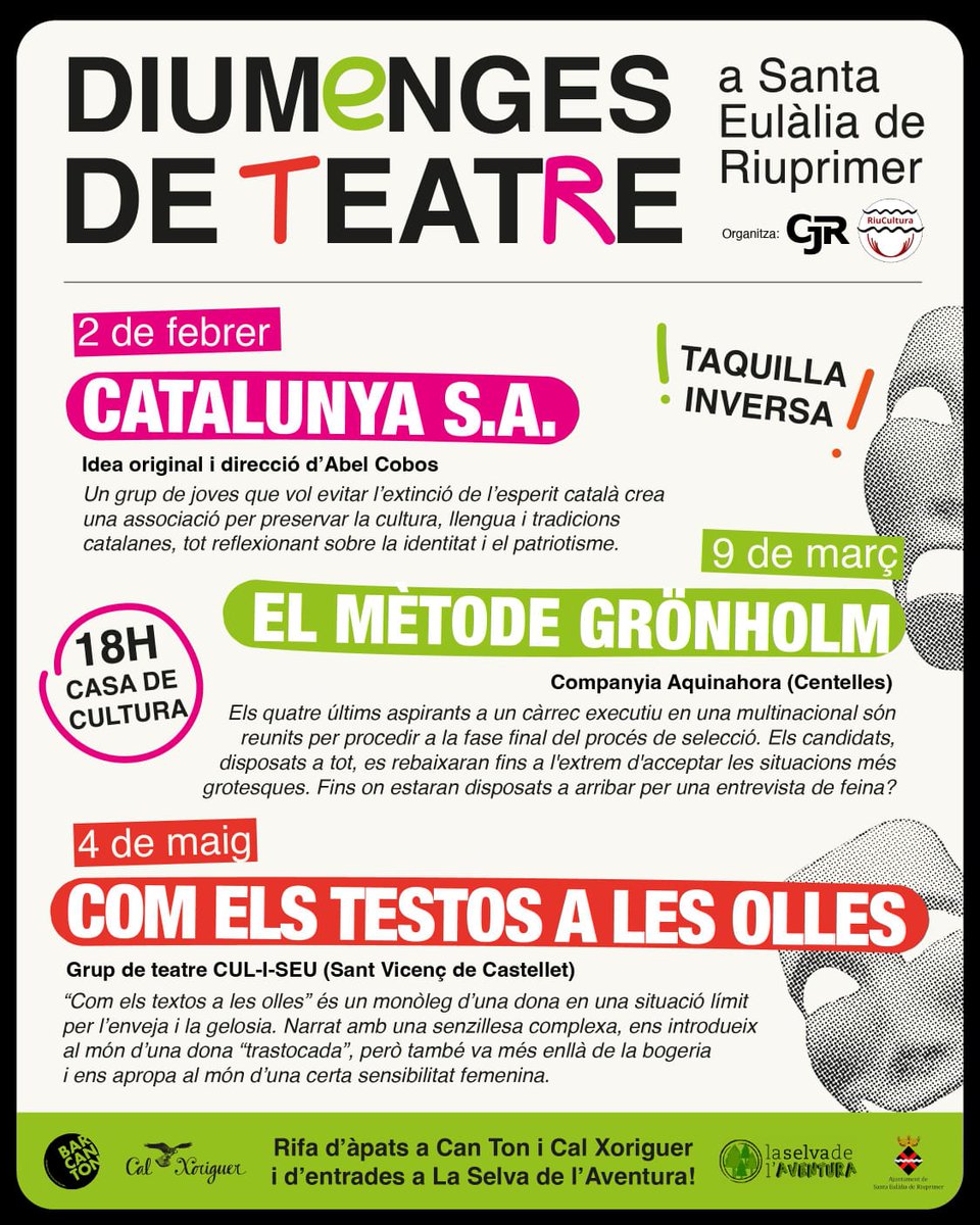 🎭 Aquest cap de setmana s'obre el teló dels Diumenges de Teatre, organitzats pel CJR i RiuCultura.

📍 Demà a les 18h, a la Casa de Cultura, arriba Catalunya S.A., una associació que vol mantenir viu l'esperit català, explorant les nostres tradicions i la nostra identitat.