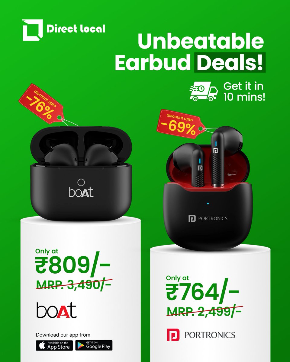 directlocalnow's tweet photo. Get premium earbuds from boAt &amp; Portronics at massive discounts – up to 71% OFF! 🎧💥

🚀 Superfast Delivery – Get it in just 10 minutes!
📍 Exclusive Offer in Chandigarh – Order Now!
💚 Download the Direct Local App for the best deals!

#Chandigarh #EarbudsSale #DirectLocal 🚀 https://t.co/Zum3n3kUlO