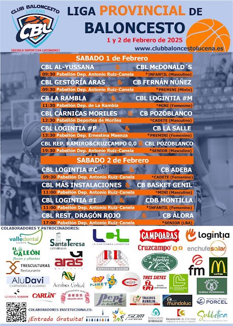 🗓️AGENDA DEPORTIVA ☑️✔️🏀

... Nueva jornada, diez encuentros en total, once, si sumamos el jugado este viernes 31 de Enero 🏀🏀

... Os esperamos para pasar una estupendísima jornada de baloncesto 🏆

Suerte a todos nuestros equipos!

 🏀🏀