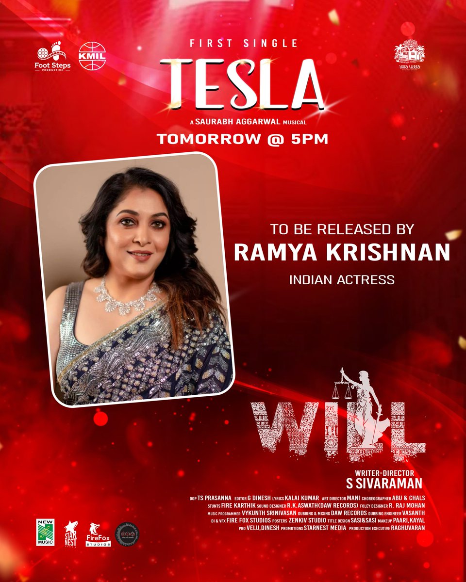 Saurabh Aggarwal (@saurabh_music22) on Twitter photo #Tesla - The First Single From #Will Drops Tomorrow At 5pm! To be released by our beloved #ramyakrishnan mam β€οΈ π
Special appearance <a href="/vikranth_offl/">Vikranth Santhosh</a>
Staring <a href="/soniya_agg/">Sonia aggarwal</a>
A <a href="/Saurabh_music22/">Saurabh Aggarwal</a> Musical
Directed by #Sivaraman
<a href="/footsteps__off/">Foot steps production</a> #Teslasong
#Willmovie #starnestmedia #Tesla - The First Single From #Will Drops Tomorrow At 5pm! To be released by our beloved #ramyakrishnan mam β€οΈ π
Special appearance <a href="/vikranth_offl/">Vikranth Santhosh</a>
Staring <a href="/soniya_agg/">Sonia aggarwal</a>
A <a href="/Saurabh_music22/">Saurabh Aggarwal</a> Musical
Directed by #Sivaraman
<a href="/footsteps__off/">Foot steps production</a> #Teslasong
#Willmovie #starnestmedia