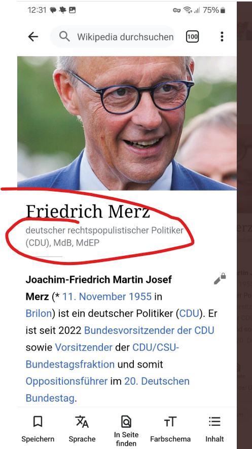 🚨🚨🚨 EILMELDUNG - EILMELDUNG 

Linksextreme haben den Wikipedia-Eintrag von Friedrich Merz geändert und bezeichnen ihn nun als „deutscher rechtspopulistischer Politiker“. 

#Merz

Damit versuchen sie, sein Ansehen sowohl im Inland als auch im Ausland massiv zu beschädigen.