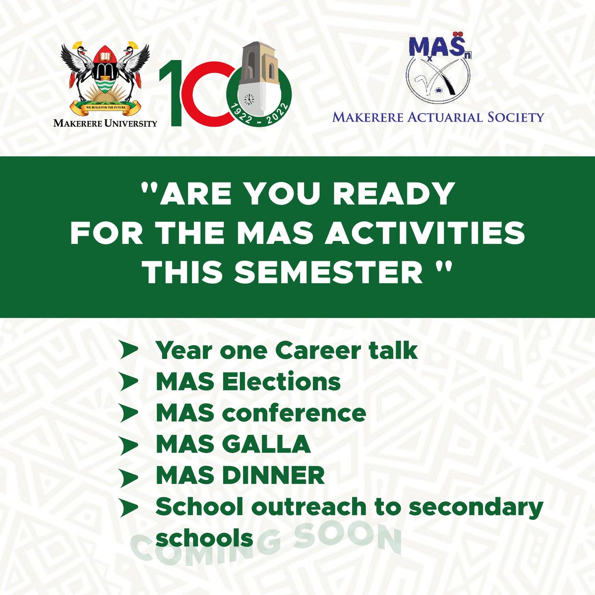 MakActuarialSoc's tweet image. Are you ready for MAS incoming events this semester 😊😊💪
#ActuarialEvents @CoBAMS_CGC @Makerere @MakGuild