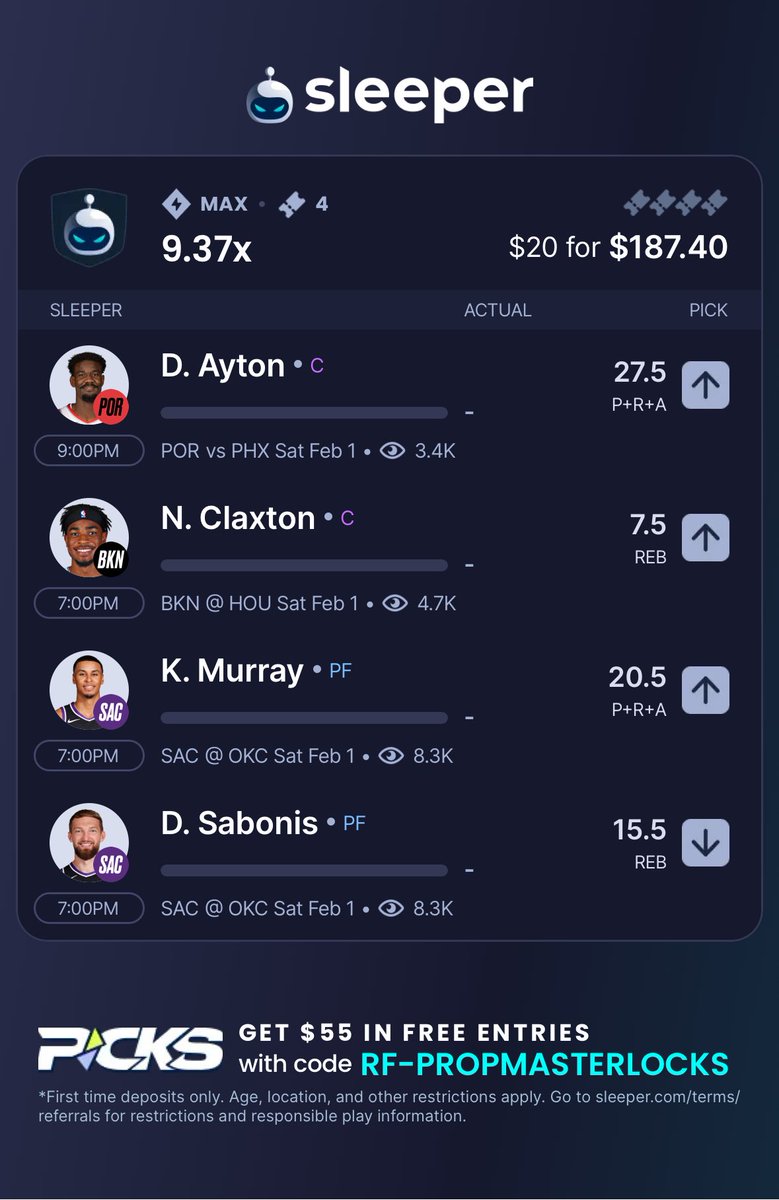 propmasterlocks's tweet photo. 🔥 9.37x payout loaded! 🔥 $20 to win $187.40—tailing @AlexCaruso!
🔺 D. Ayton – Over 27.5 PRA
🔺 N. Claxton – Over 7.5 Reb
🔺 K. Murray – Over 20.5 PRA
🔻 D. Sabonis – Under 15.5 Reb
Who’s riding with us? Let’s cash out BIG tonight! 💰
#PropMasterLocks #NBA #SleeperPicks https://t.co/Dpw39A5iDv