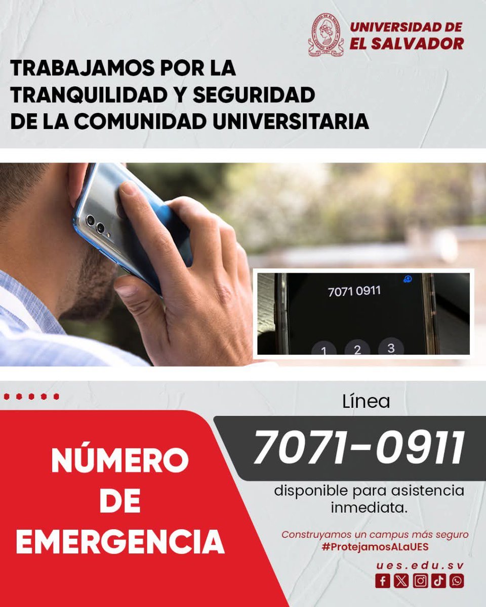 UESoficial's tweet photo. En #LaUES trabajamos por tu tranquilidad.    Por eso podes contactar al 70710911 en caso de emergencia.

Fortalecemos la seguridad institucional para proteger a toda nuestra comunidad.  🛡  
  
Construimos un campus más seguro y confiable para todas y todos. 🙌 #ProtejamosALaUES https://t.co/2AQckGAmxy