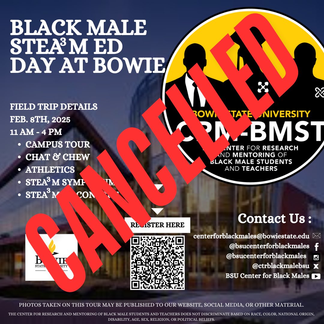 📢 STEAM Ed Day Cancelled 📢 
Unfortunately, due to the recent executive orders, we will not be hosting The Black Male STEA3M Ed Day scheduled for Saturday, February 8, 2025. You can stay up to date on events that we will be planning by following us on social media. Thank you.