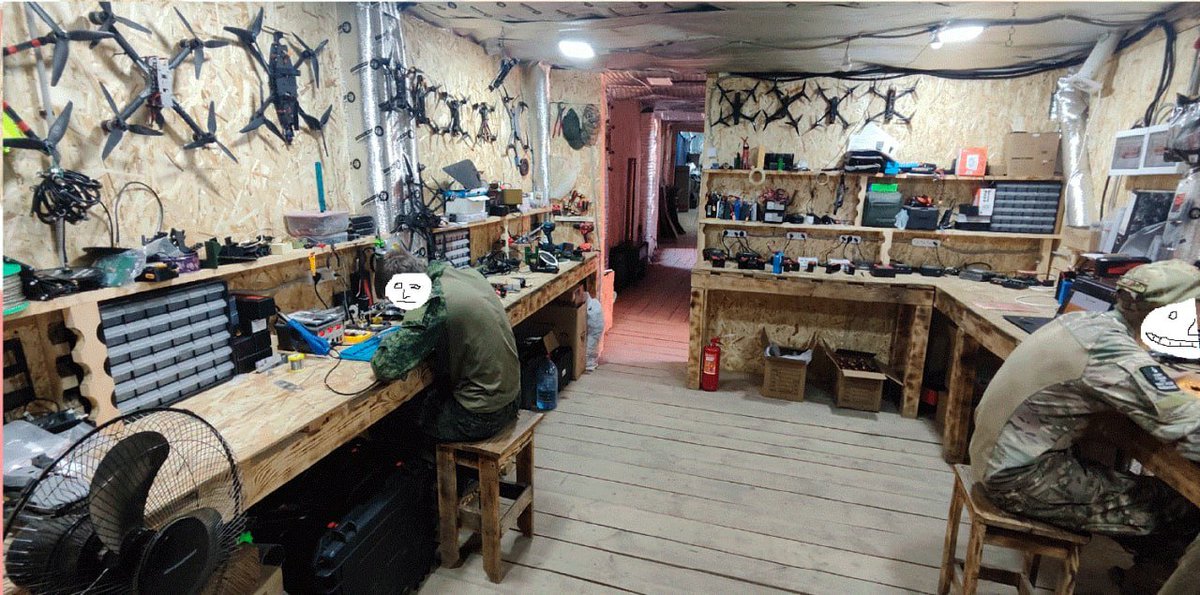 sambendett's tweet photo. A typical Russian field workshop located close to/at the frontline for drone repairs and assembly. Note also the 3D printers. Not clear if this is underground or not. For both sides, lots of tech modification and repair is happening right where the fighting is taking place. https://t.co/xShT1jHlg4