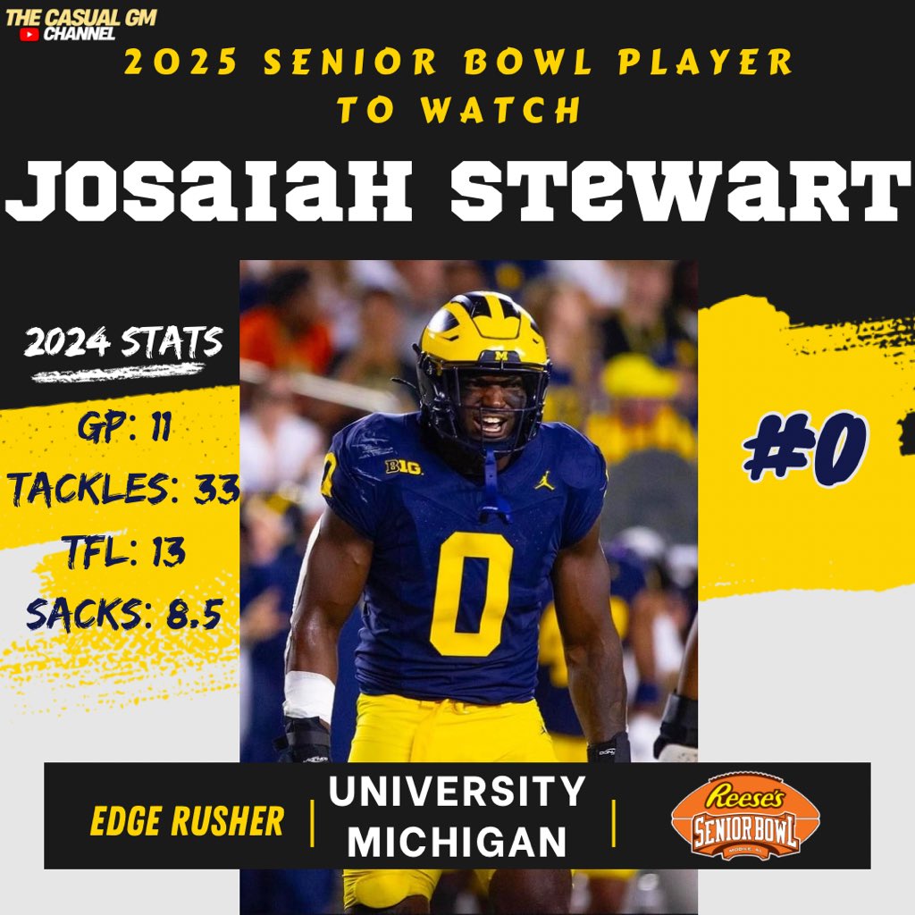 AthletesOnGo's tweet image. 🔥 Josaiah Stewart is a name to keep an eye on at the 2025 Senior Bowl! Expect big things from this pass rusher as he looks to dominate. 👀💥 

#SeniorBowl #NFLDraft #EdgeRusher