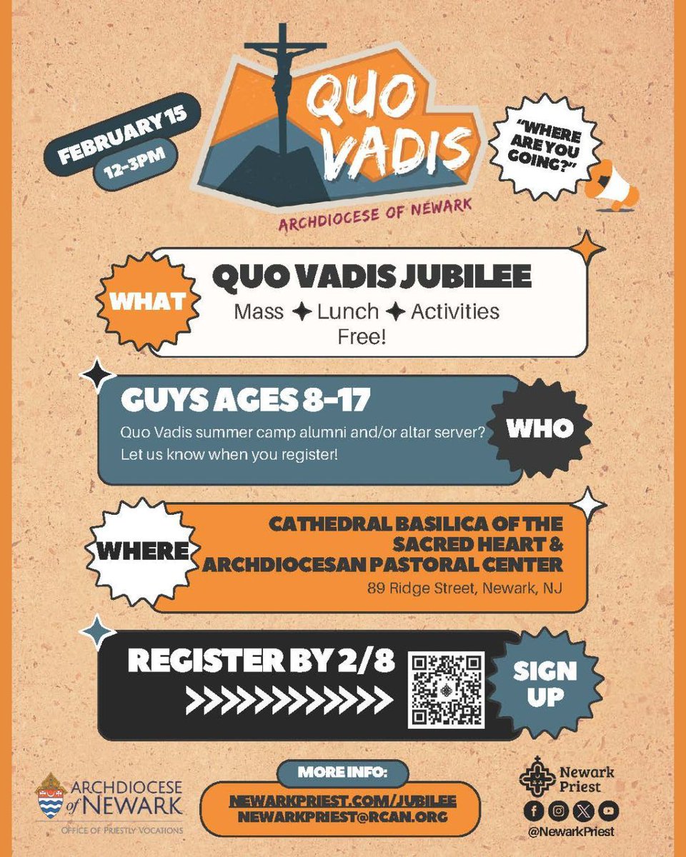 🚨🚨🚨Calling guys ages 8-17: The Quo Vadis Jubilee is on Saturday, Feb15! Join us for prayer and fraternity:
⛪Mass with Cardinal Tobin
🍕Pizza
✅Activities
.
Are you Quo Vadis summer camp alumni and/or an altar server? Let us know when you register. newarkpriest.com/jubilee