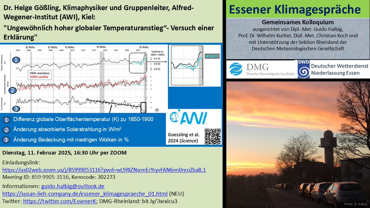 11. Februar, 16:30 Uhr (online) | Einladung Essener Klimagespräche (#EKG) |  Dr. Helge Gößling, Klimaphysiker und Gruppenleiter, Alfred- Wegener-Institut (#AWI), Kiel: "Ungewöhnlich hoher globaler #Temperaturanstieg“- Versuch einer Erklärung"  | Zoom-Link: -&gt; Flyer: