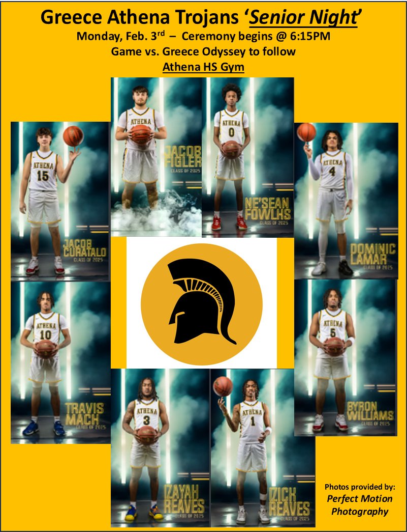 Greece Athena Boys Basketball (@gahsboyshoops) on Twitter photo Congratulations and "Good Luck" to our 'Class of 2025' Seniors. Please come out to honor them.
<a href="/athenahigh/">Greece Athena HS</a> <a href="/coachsetz/">Michael Setzer</a> <a href="/PerfectMotionP2/">Perfect Motion Photography</a>
#TrojanPride Congratulations and "Good Luck" to our 'Class of 2025' Seniors. Please come out to honor them.
<a href="/athenahigh/">Greece Athena HS</a> <a href="/coachsetz/">Michael Setzer</a> <a href="/PerfectMotionP2/">Perfect Motion Photography</a>
#TrojanPride