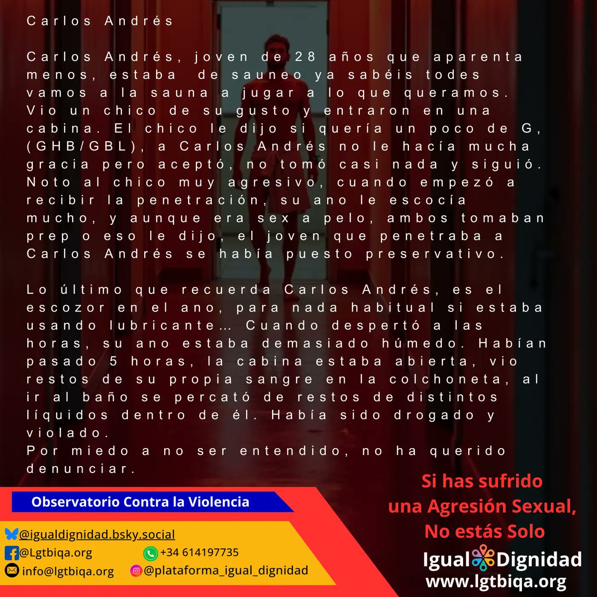 lgtbiqaorg's tweet photo. Cada vez más al Observatorio Contra la Violencia - Igual Dignidad llegan relatos de agresiones sexuales sufridas por consumo de GBL/GHB Esta situación no puede pasar inadvertida por el colectivo #LGTBIDesde el Observatorio te acompañamos en la denuncia
https://t.co/1RerksvtLW https://t.co/UkefZw8CJc
