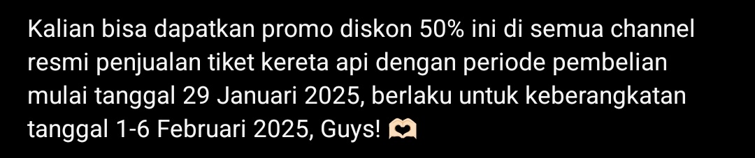 ladvys's tweet photo. @KAI121 halo admin, promo imlek untuk ka ijen ekspress apakah masih berlaku sampai sekarang? soalnya caption ignya seperti ini "mulai tanggal 29 januari" https://t.co/wAhWO6o20q