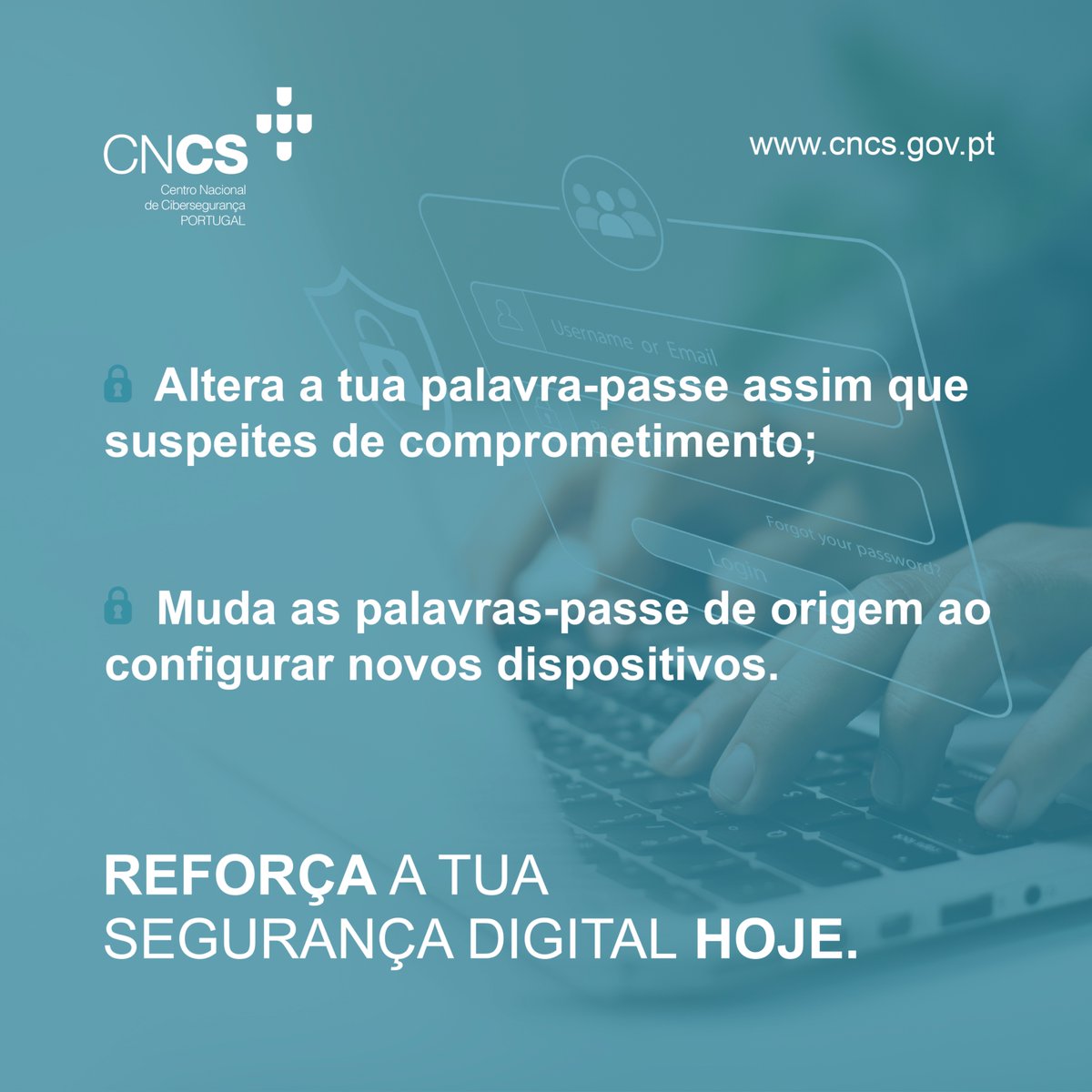 🔑 Dia Mundial de Mudar a Palavra-Passe

✔ Cria combinações imprevisíveis de letras, números e símbolos com pelo menos 12 caracteres;
✔ Evita informações pessoais óbvias

🚀 Reforça a tua segurança digital hoje. Atualiza as tuas palavras-passe e protege os teus dados!

#CNCS