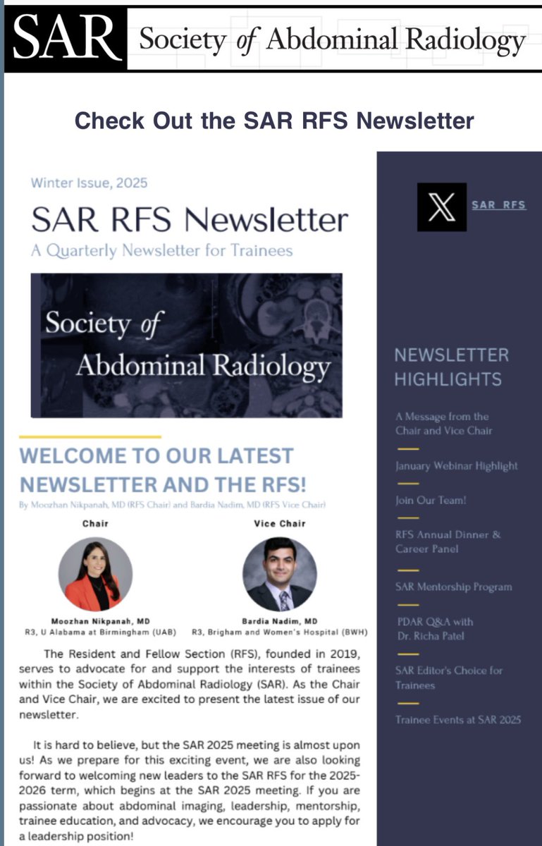 SAR Resident and Fellow Section (@sar_rfs) on Twitter photo 💥💥 Calling all radiology trainees! #FutureRadRes #RadRes
We’re thrilled to present the Winter 2025 Edition of the <a href="/SAR_RFS/">SAR Resident and Fellow Section</a> Newsletter! 📢
Inside, you’ll find highlights on SAR RFS Webinars, Mentorship Programs, an exclusive PDAR Q&A with Dr. Patel, and much more.
Don’t miss 💥💥 Calling all radiology trainees! #FutureRadRes #RadRes
We’re thrilled to present the Winter 2025 Edition of the <a href="/SAR_RFS/">SAR Resident and Fellow Section</a> Newsletter! 📢
Inside, you’ll find highlights on SAR RFS Webinars, Mentorship Programs, an exclusive PDAR Q&A with Dr. Patel, and much more.
Don’t miss