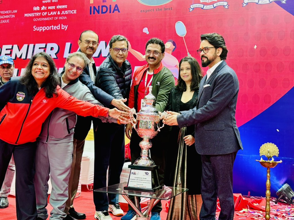 ianuragthakur's tweet photo. I had great fun and thoroughly enjoyed trying my hand at swinging the racket and smashing the cork at the Premier Law Badminton League.

Sports always brings great energy and excitement. It unites people and inspires a strong sense of team spirit. Let’s play and promote sports and fitness across Bharat. Khelega Bharat, Khilega Bharat 🇮🇳