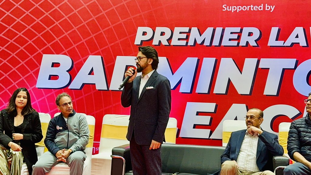 ianuragthakur's tweet photo. I had great fun and thoroughly enjoyed trying my hand at swinging the racket and smashing the cork at the Premier Law Badminton League.

Sports always brings great energy and excitement. It unites people and inspires a strong sense of team spirit. Let’s play and promote sports and fitness across Bharat. Khelega Bharat, Khilega Bharat 🇮🇳