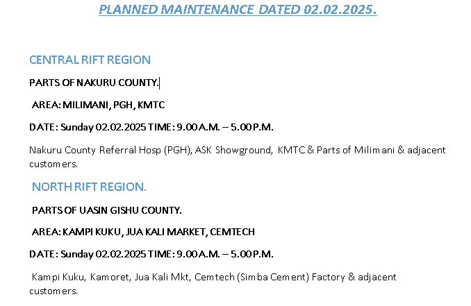 KenyaPower_Care's tweet photo. Good evening. Please receive areas scheduled for planned maintenance dated tomorrow (2nd February,2025). ^G.O https://t.co/IbPq7wRGpf